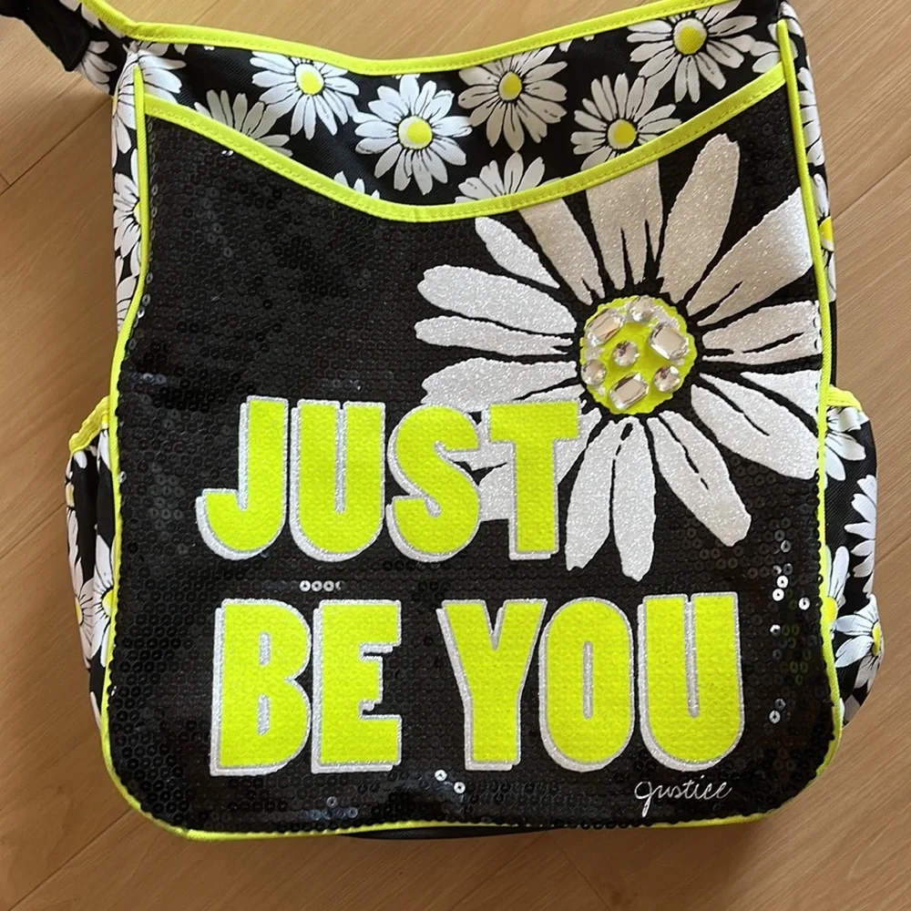 JUSTICE “JUST BE YOU” SEQUIN COMPUTER SCHOOL BAG BLACK YELLOW